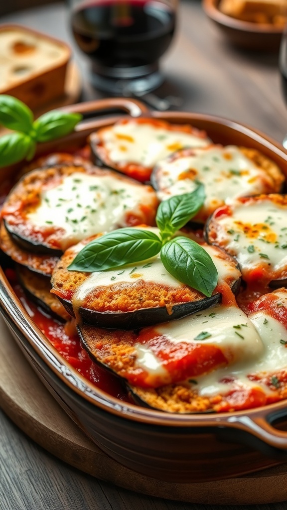 Eggplant Parmesan for Two A serving of eggplant parmesan with layers of breaded eggplant, marinara sauce, and melted cheese, garnished with basil.